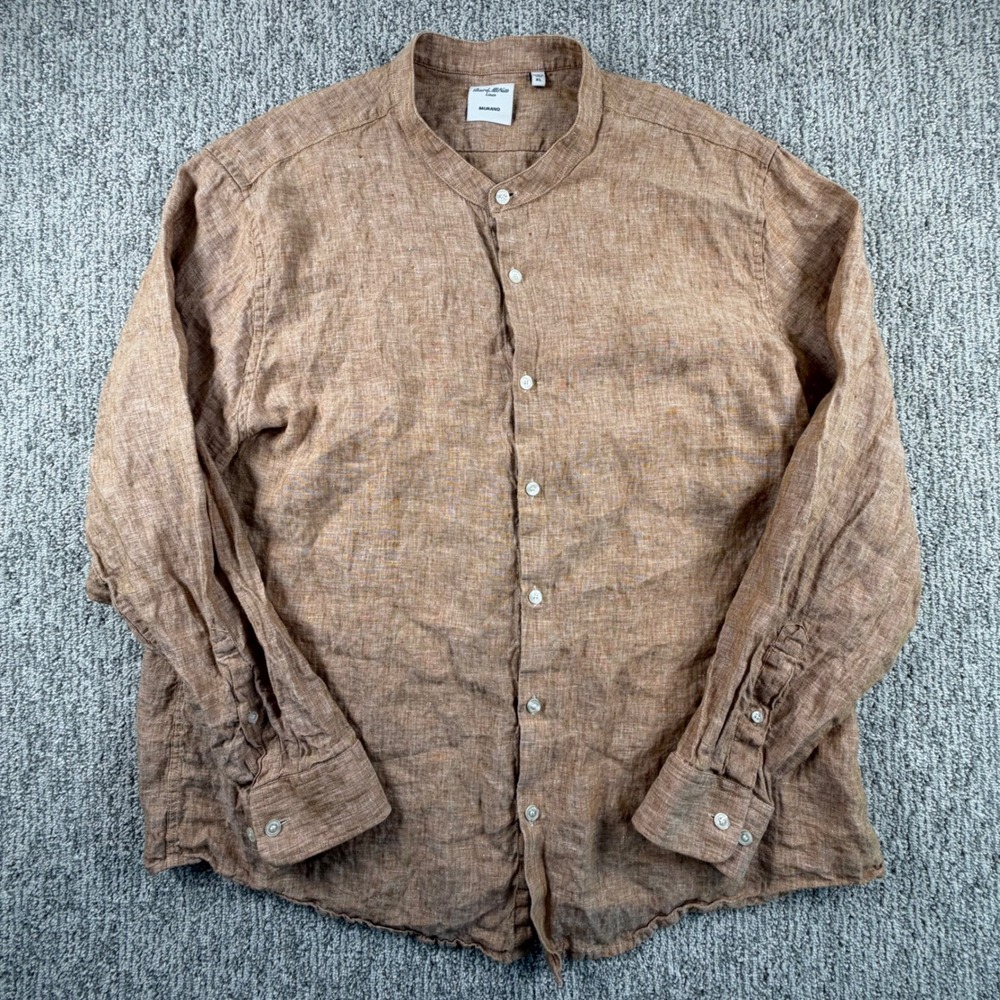 Murano Button Down Shirt Mens XL Brown Baird McNutt Linen Band Collar Long Slv
